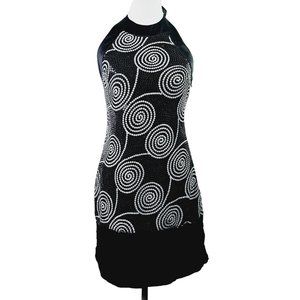 Vintage Cache Black White Sequin Satin Mini Halter Party Dress, Sz 6